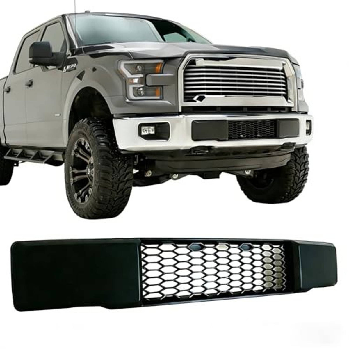 Front bumper lower grille insert with black frame and silver hex mesh center
