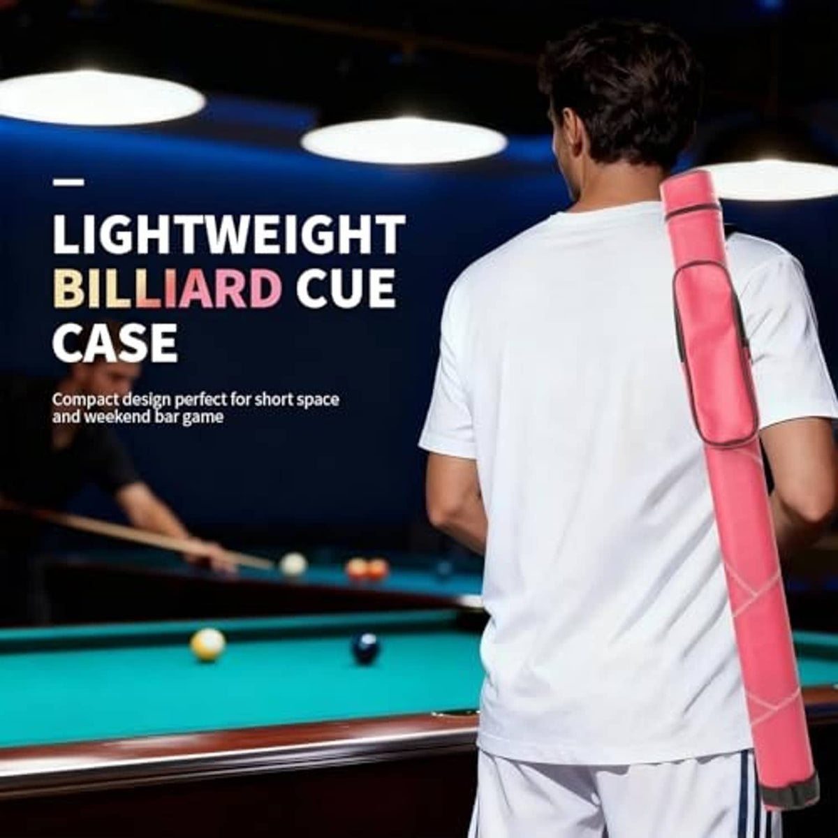 Red pool cue case worn on shoulder over a white shirt, with black strap and end cap.