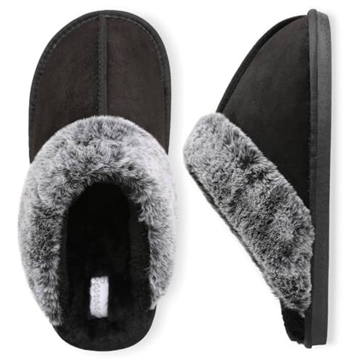 Men's black fuzzy-lined slide slippers, front and side angle