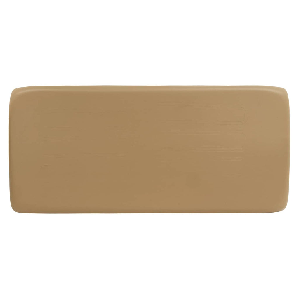 Tan rectangular seat bottom cushion with smooth surface and rounded corners