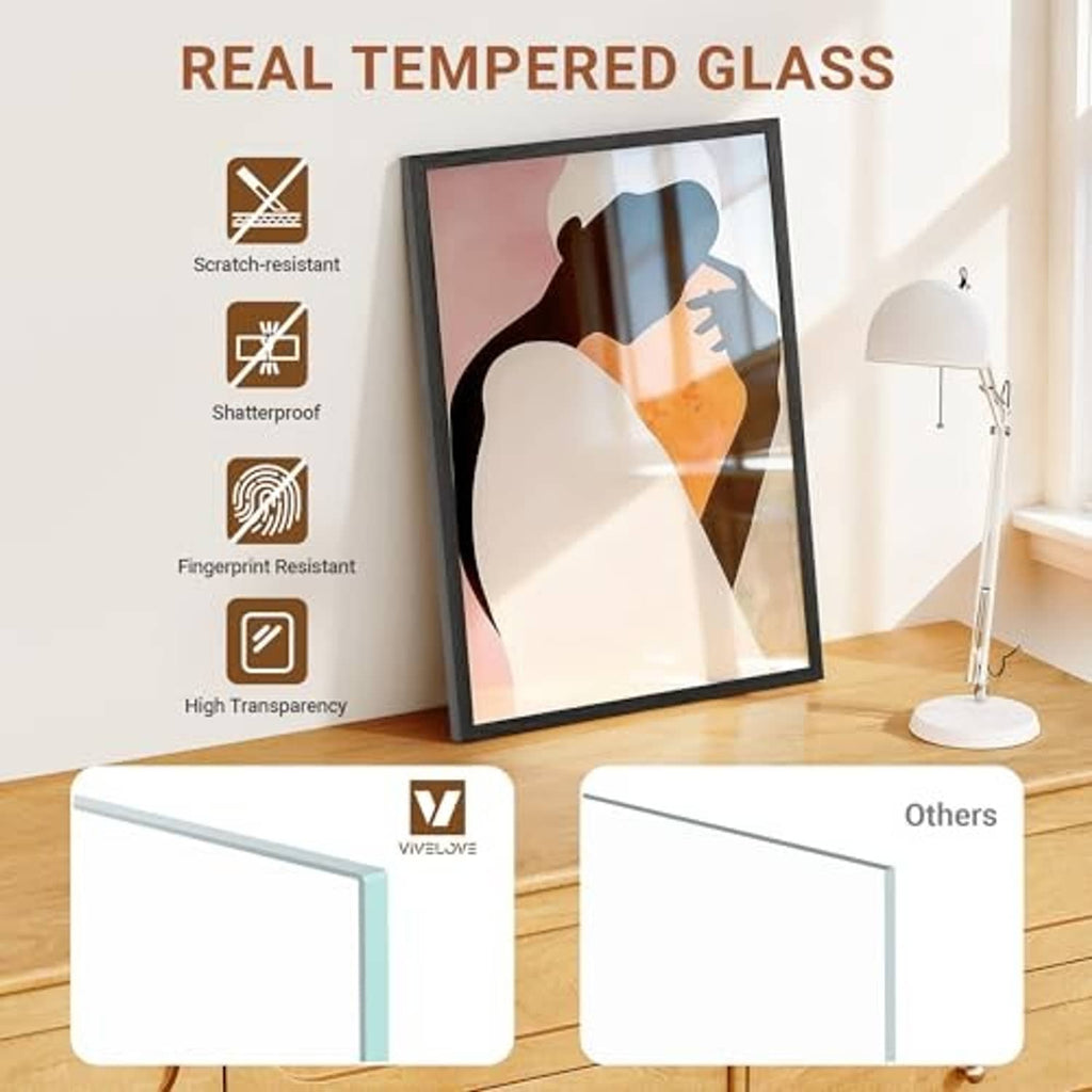 Black wood picture frame with tempered glass for clear, protective viewing.