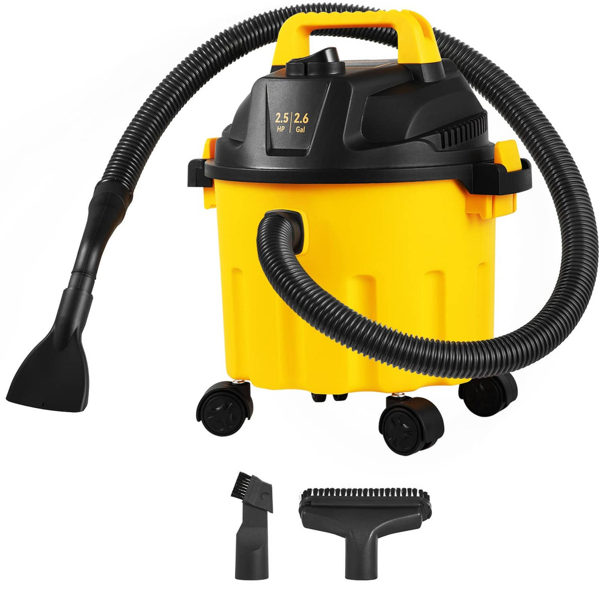 Yellow and black wet/dry shop vacuum with flexible hose and floor nozzle