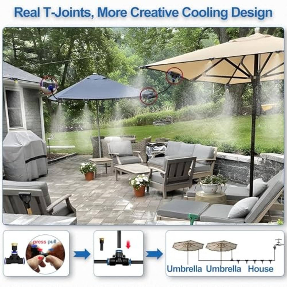 Outdoor misting kit with spray lines for umbrella cooling and patio area mist