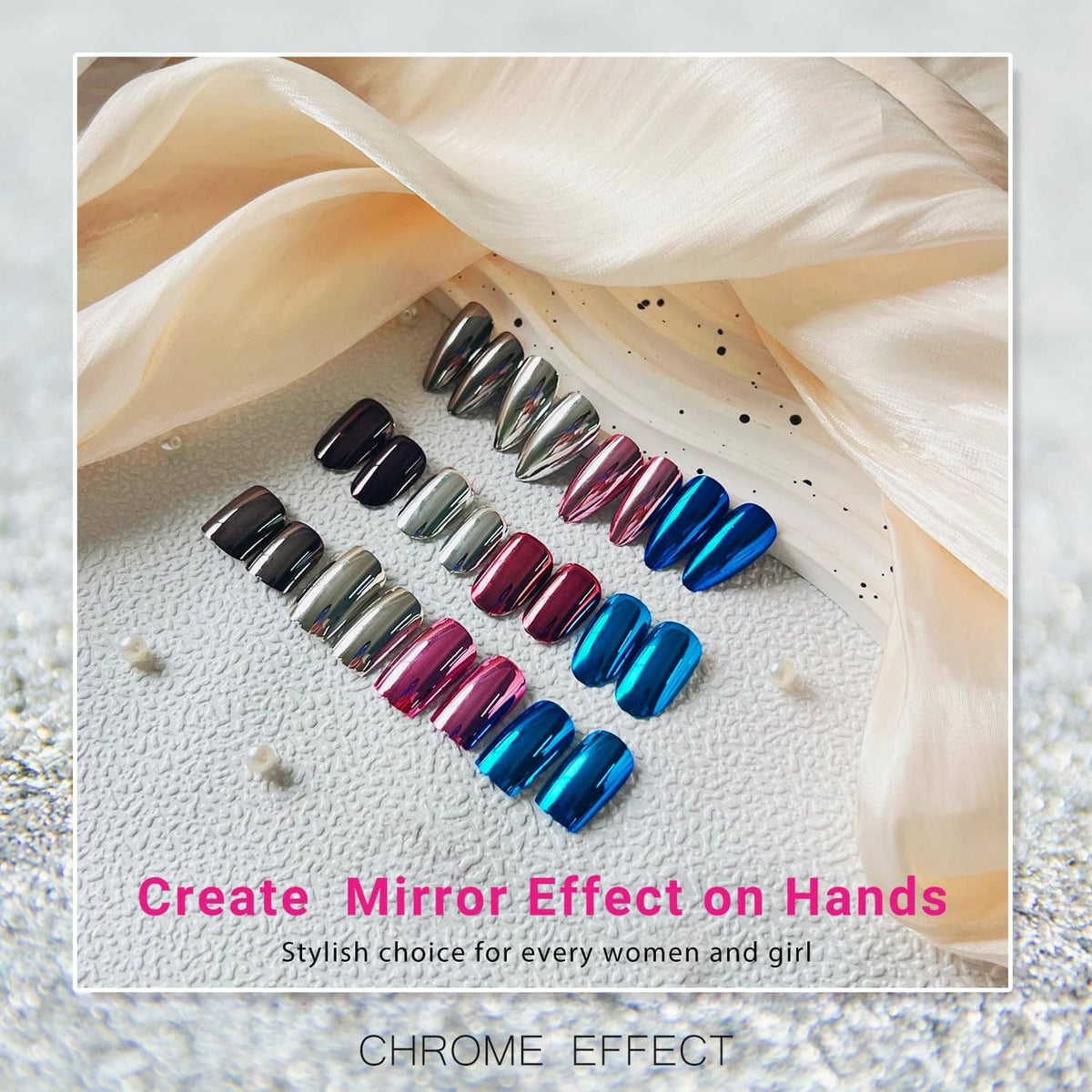 Mirror-effect chrome nail tips in multiple colors shown on a display cloth