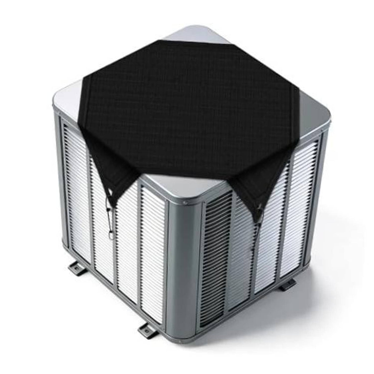 Waterproof vinyl AC unit cover in black, with side panel ties and corner grommets.