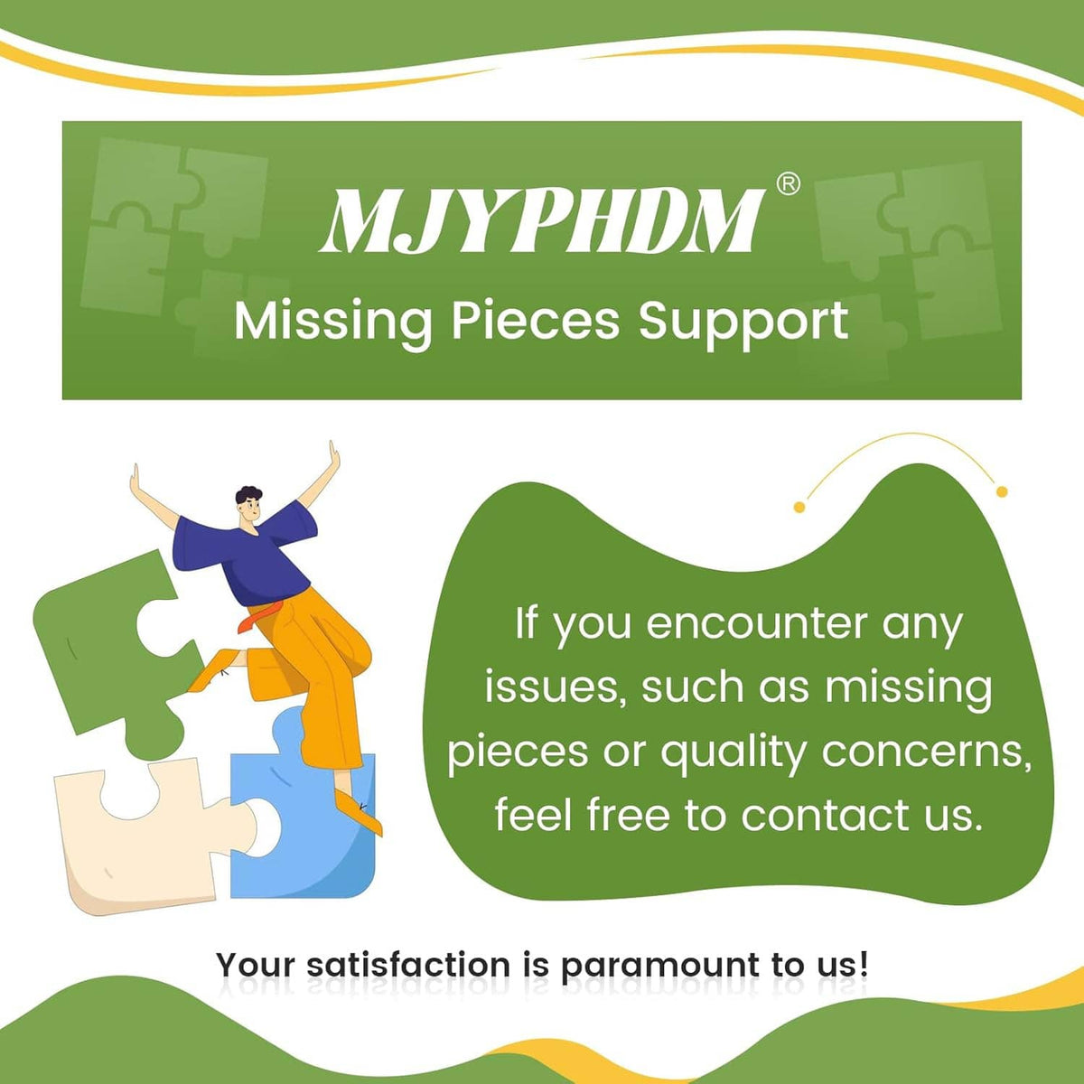 Green customer support card with jigsaw puzzle icon and missing pieces message area