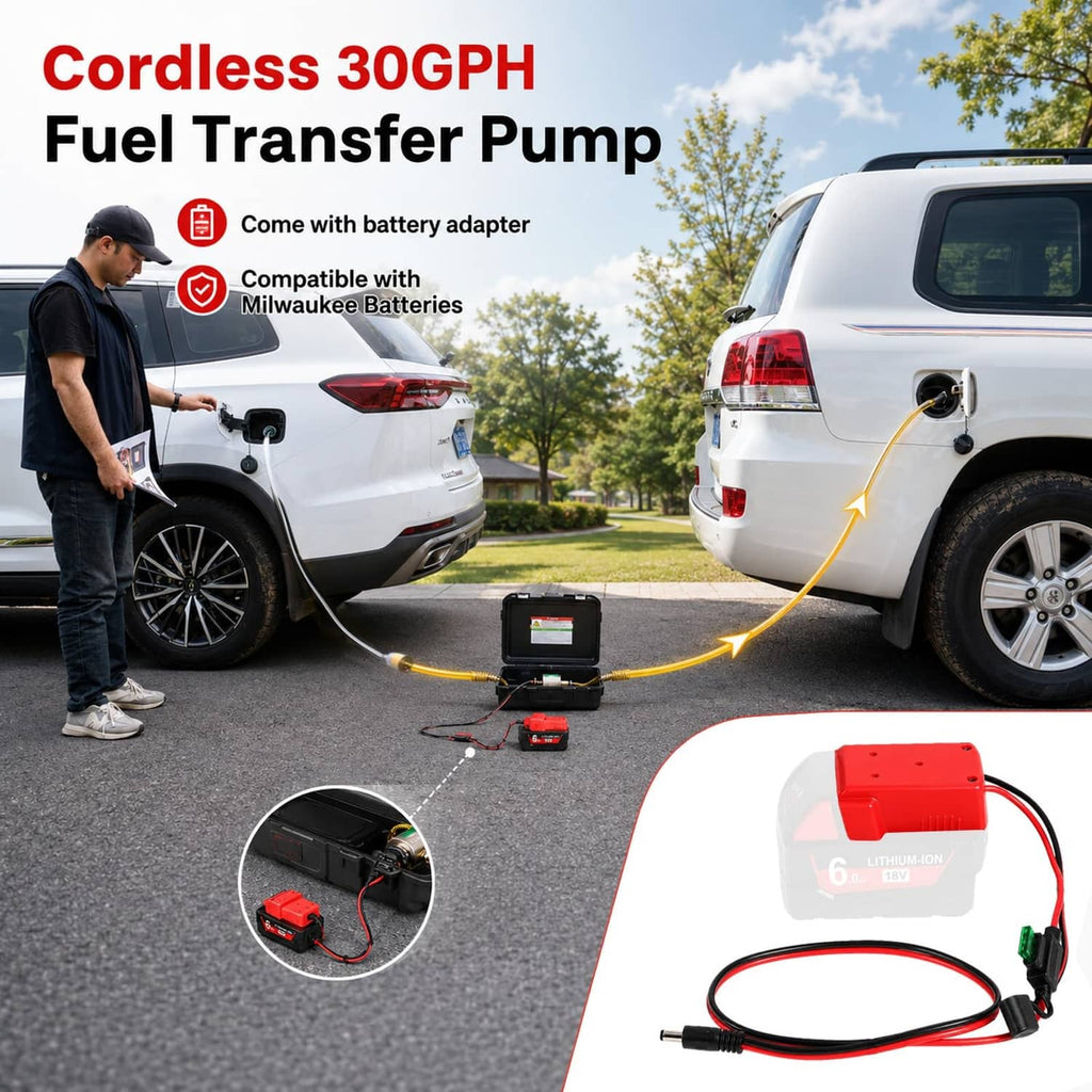 Cordless fuel transfer pump with battery adapter, fuel hose, and transfer nozzle