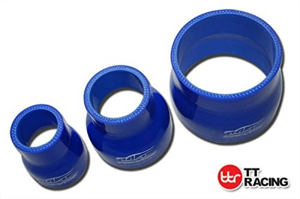 Blue silicone hose reducer couplers (76–80mm) shown in three sizes, flared ends