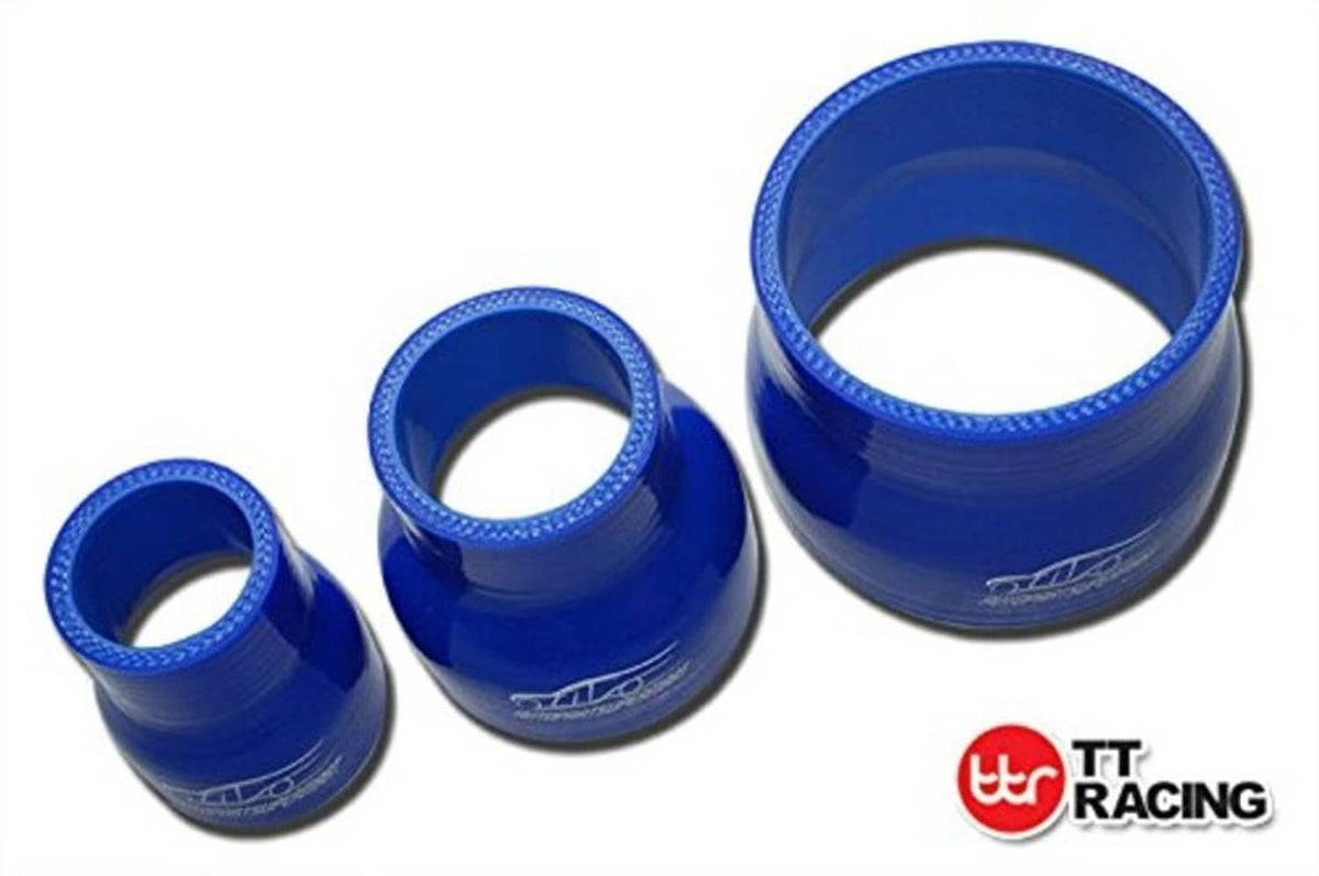 Blue silicone hose reducer couplers (76–80mm) shown in three sizes, flared ends