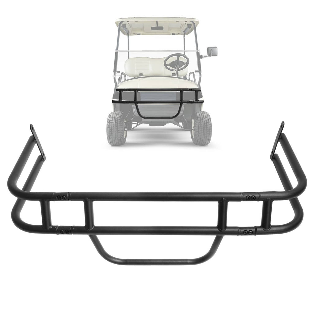 Black front brush guard grille bumper with mesh center and curved lower guard for cart