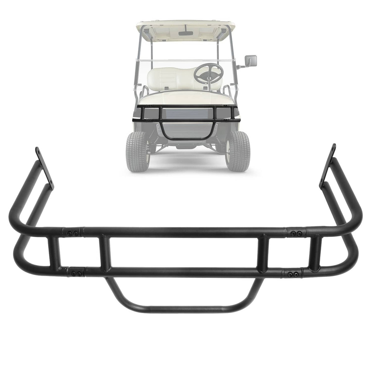 Black front brush guard grille bumper with mesh center and curved lower guard for cart