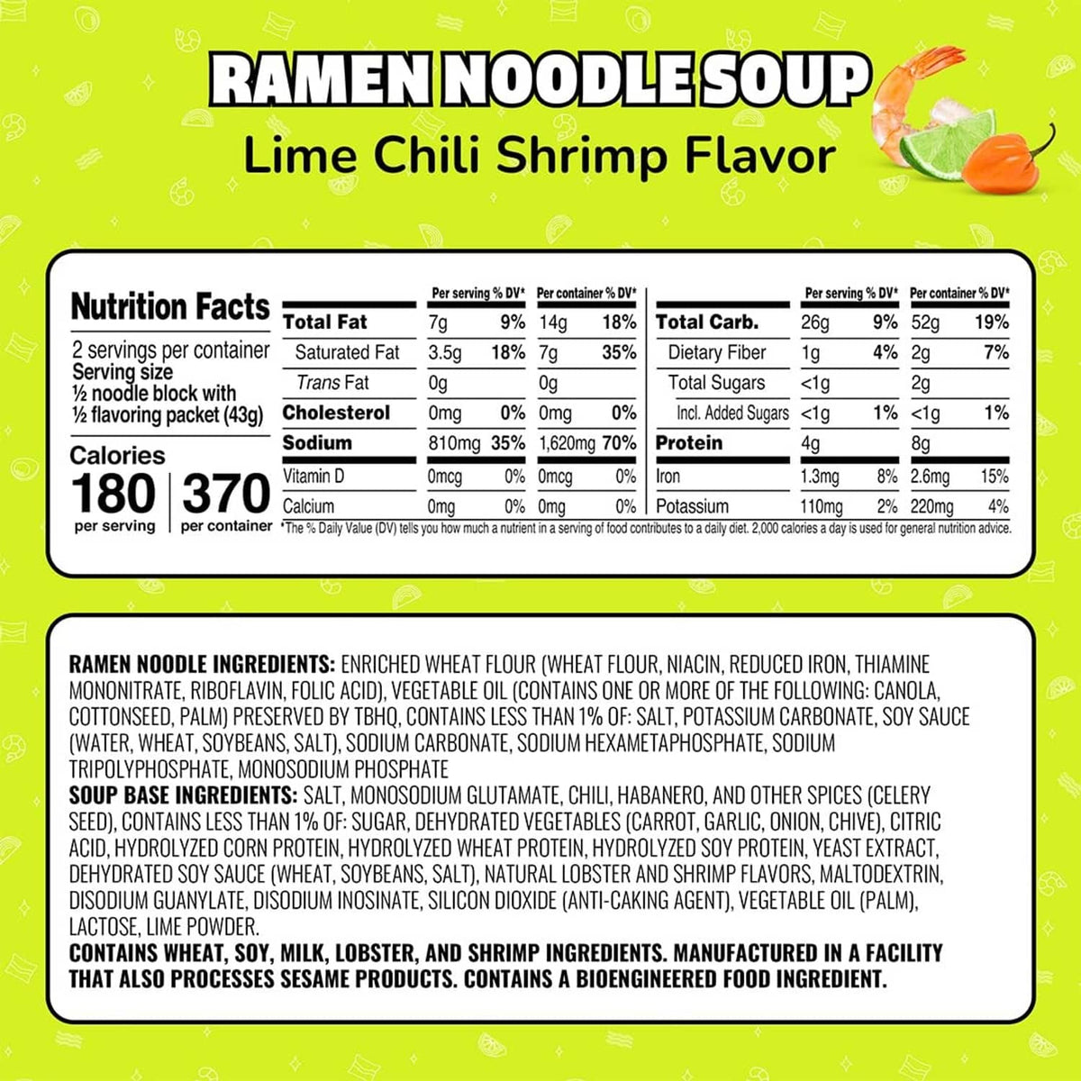 Maruchan lime chili shrimp ramen noodle soup nutrition facts and ingredient list