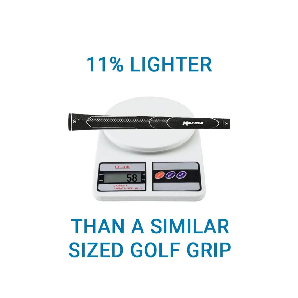 Black golf grip placed on a digital scale for weight comparison