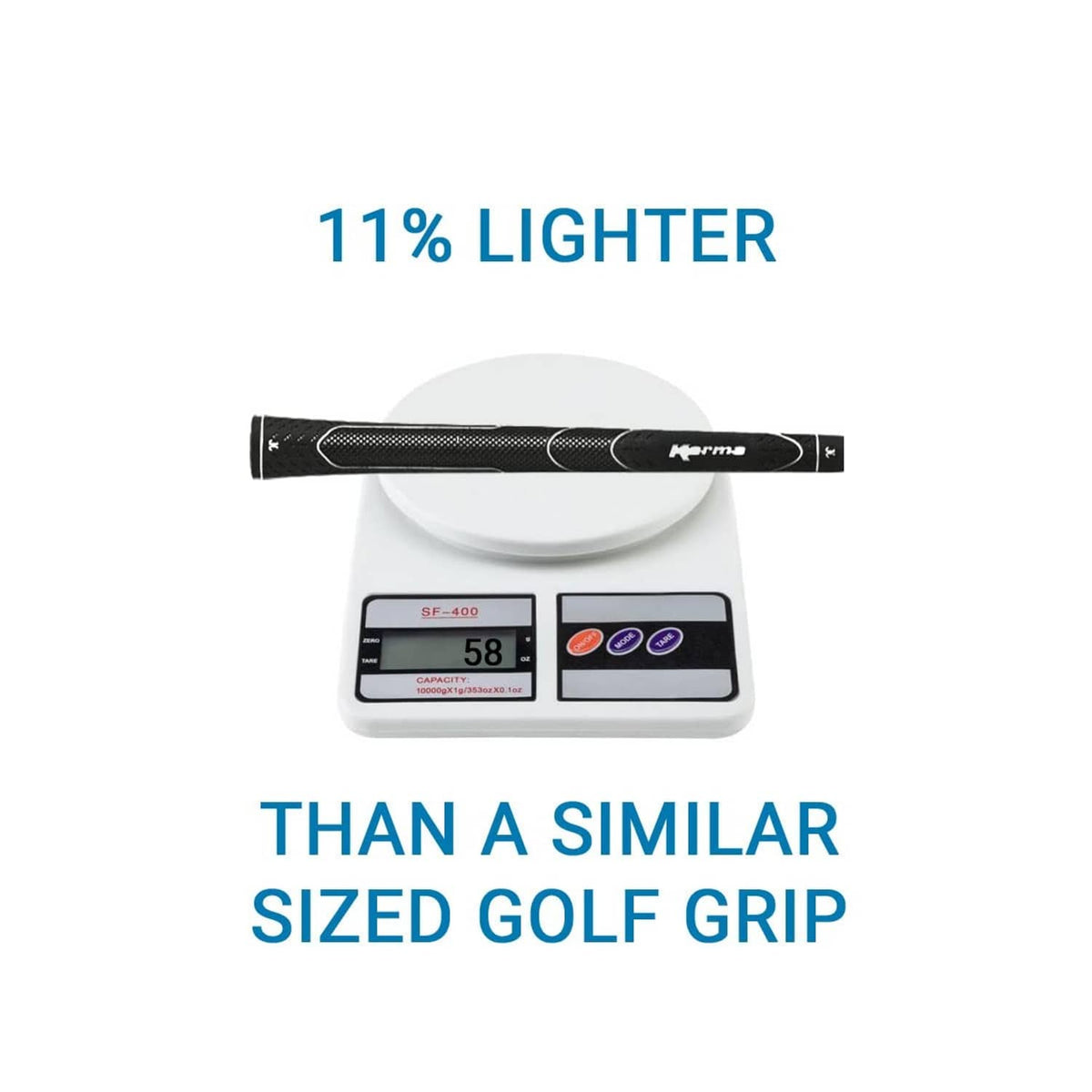 Black golf grip placed on a digital scale for weight comparison
