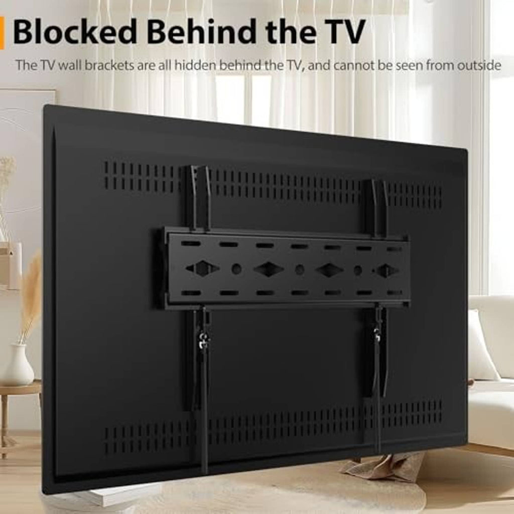 Black low-profile TV wall mount with bracket hidden behind the TV mounting plate