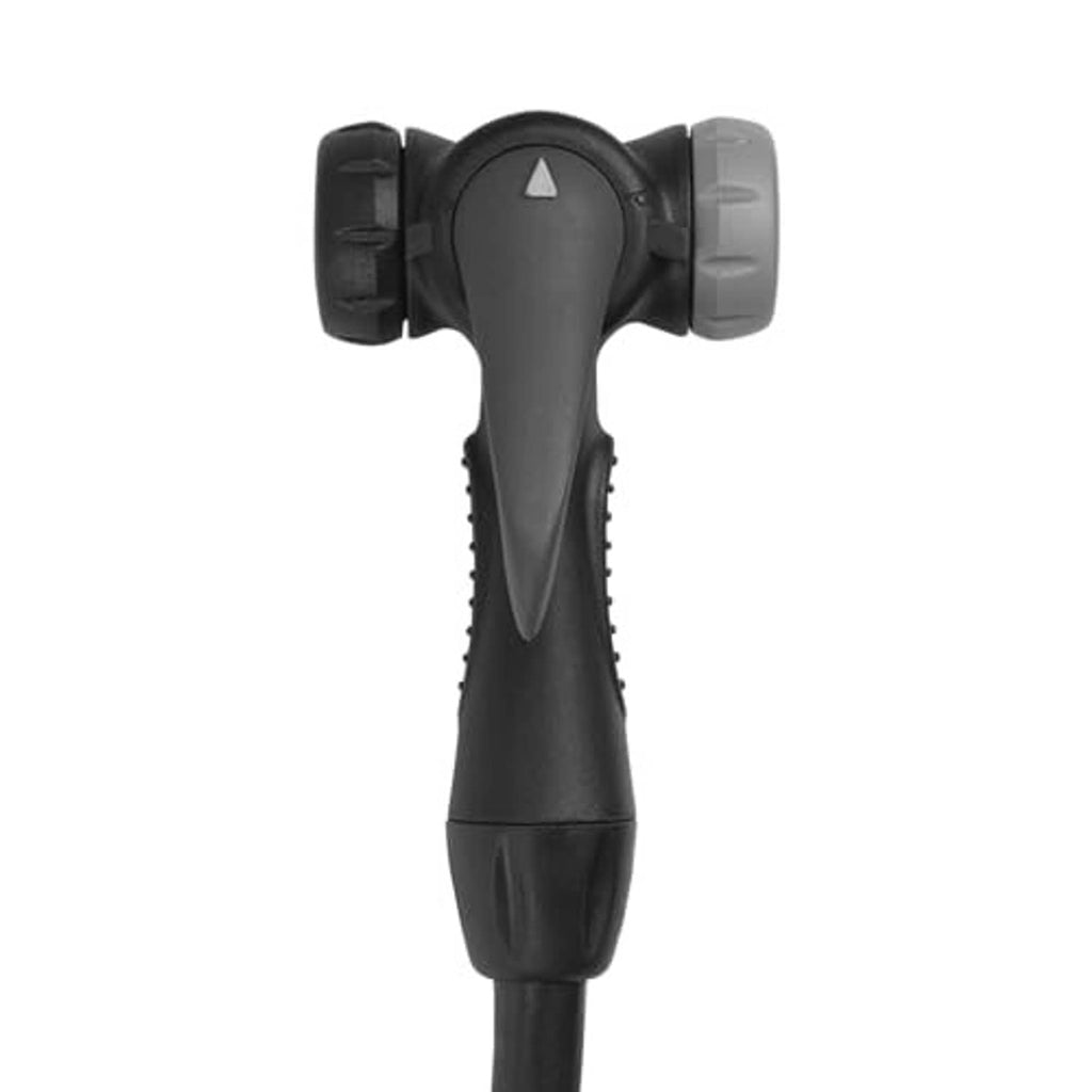 Universal bike pump head double-sided with black rubber grip and gray valve ends