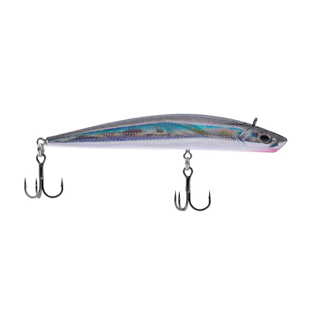 Fishing lure with two front treble hooks, silver blue scale finish