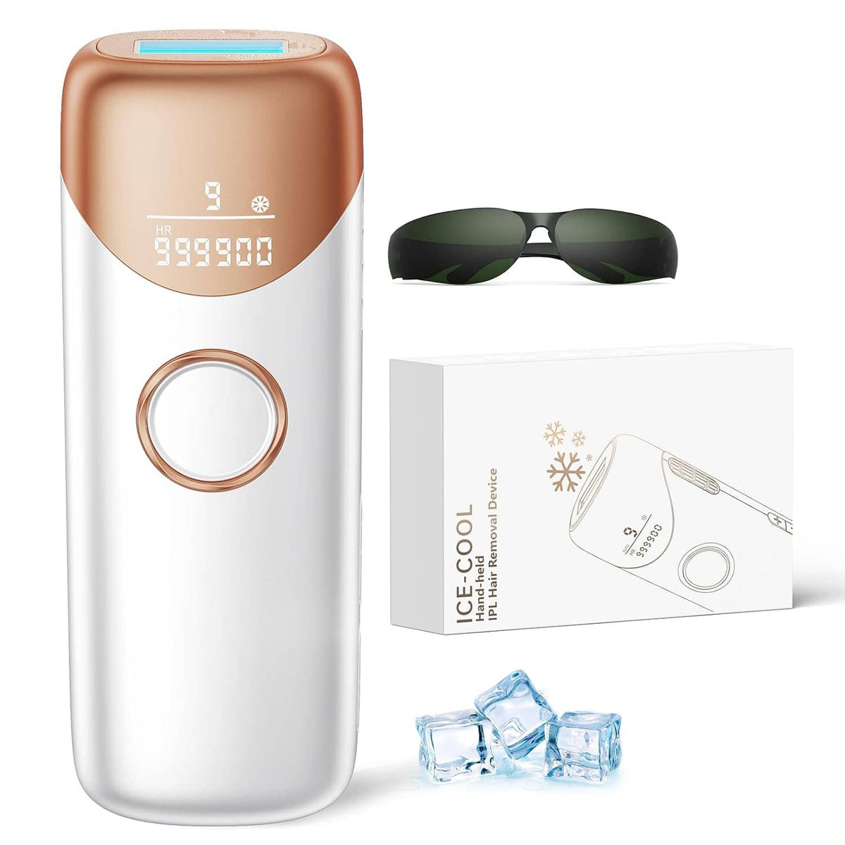 Handheld IPL hair removal device with rose-gold top, white body, goggles, ice cubes, and instruction card