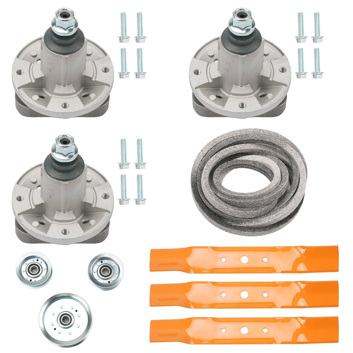 Deck rebuild kit parts collage: spindle bases, screws, pulleys, belt strips, and belt
