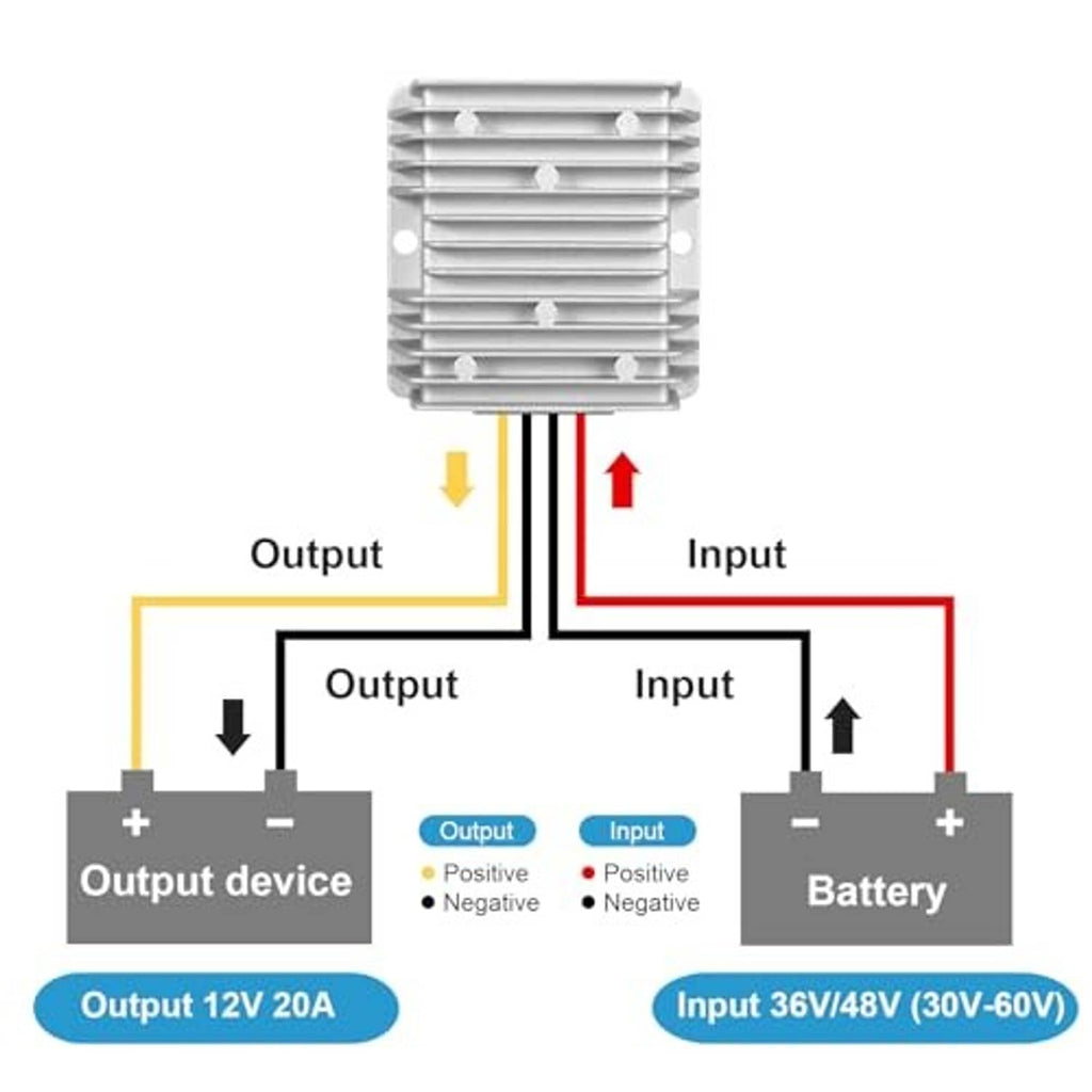 Voltage reducer diagram showing input battery to output device and 12V connection