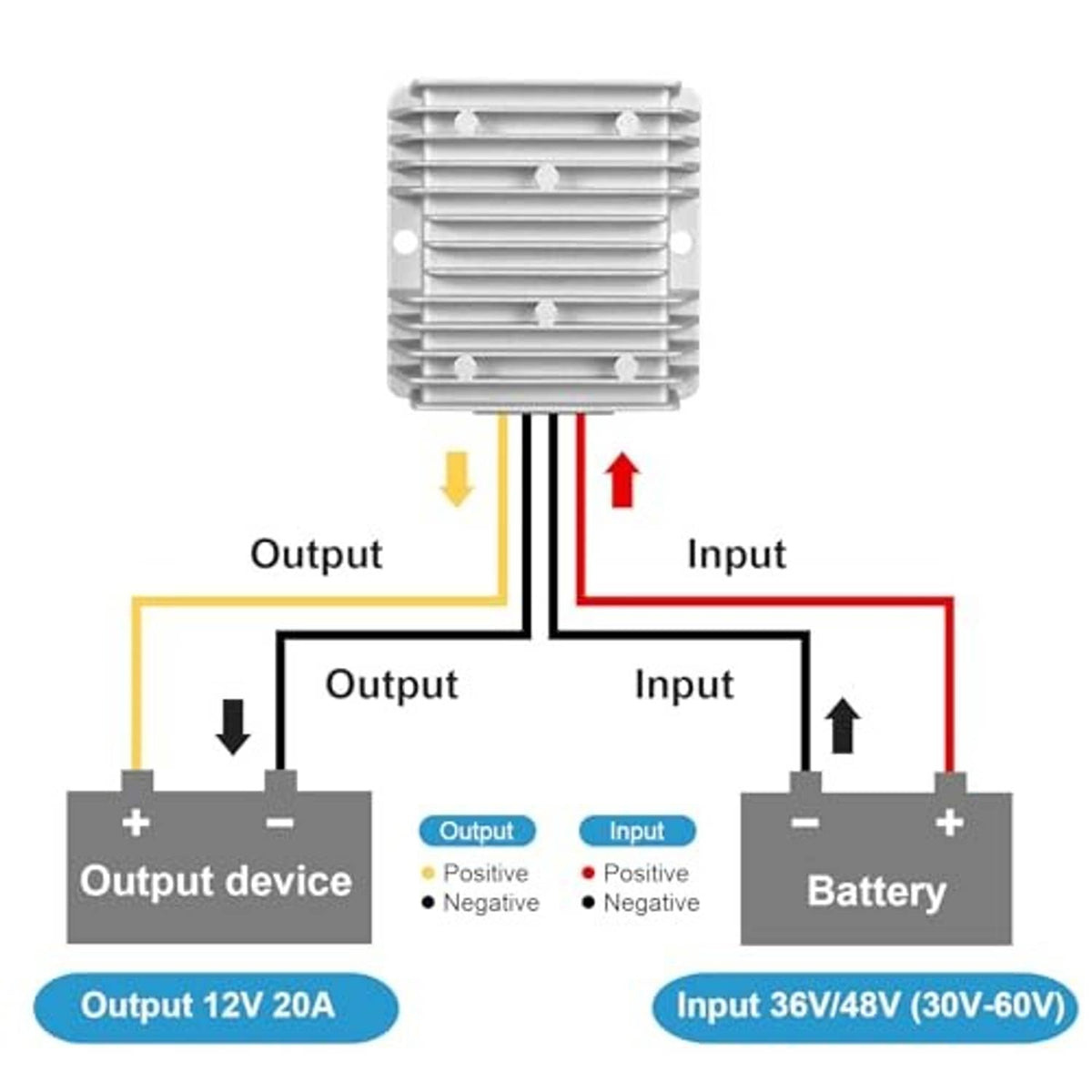 Voltage reducer diagram showing input battery to output device and 12V connection