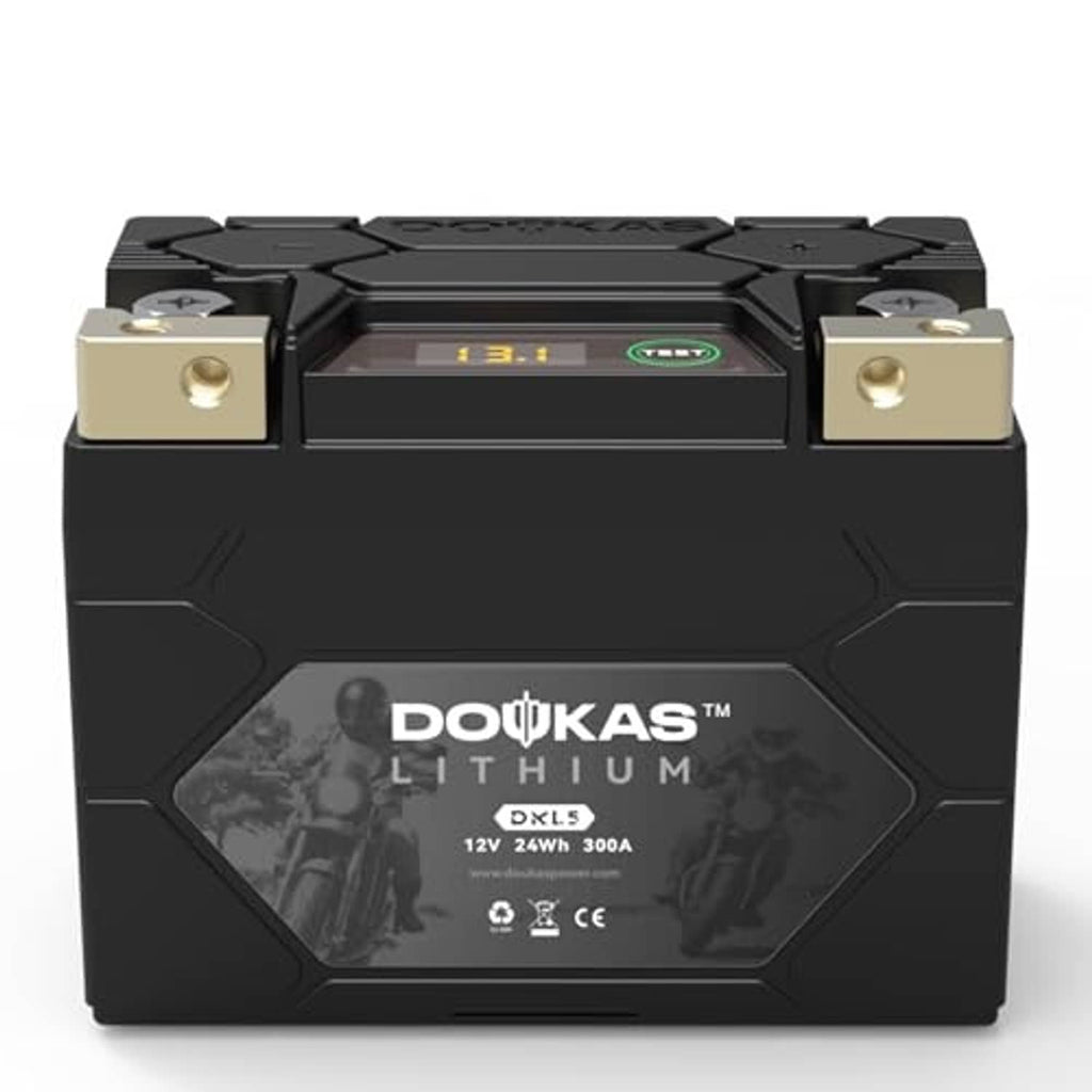 Front view of black LiFePO4 motorcycle lithium battery with gold top terminals and LED display