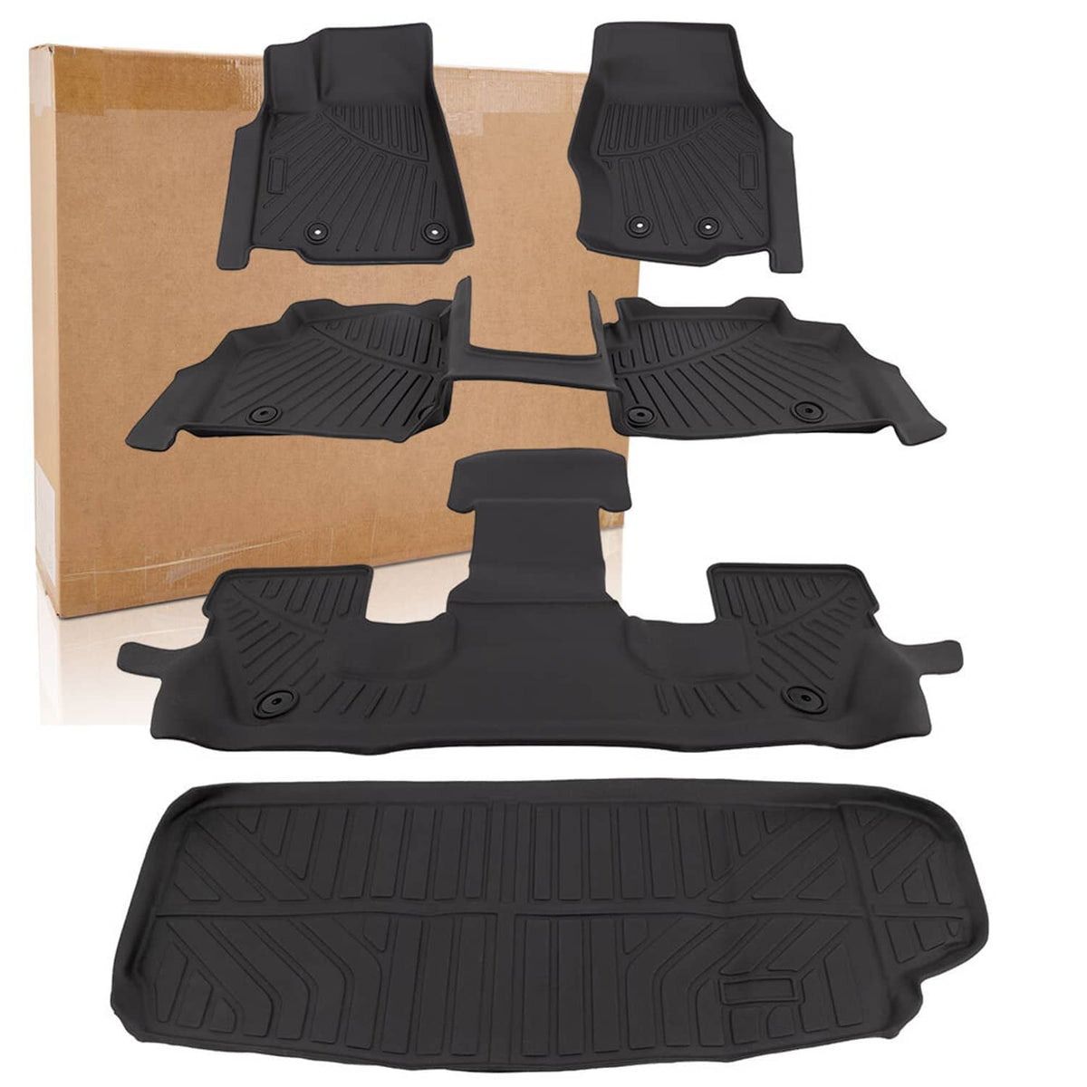 Black all-weather floor mat set with cargo liner, contoured channels and button holes