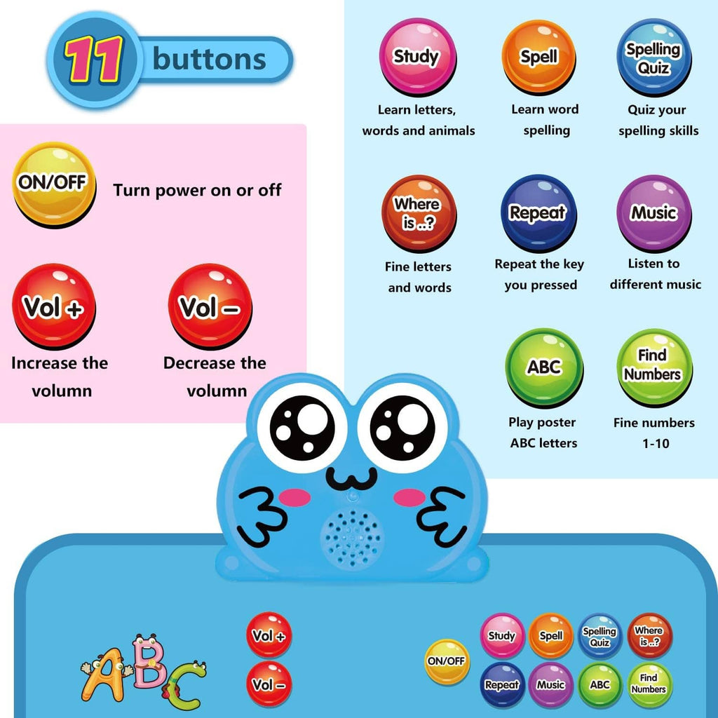 Blue learning chart control panel with buttons for study, spell, repeat, music