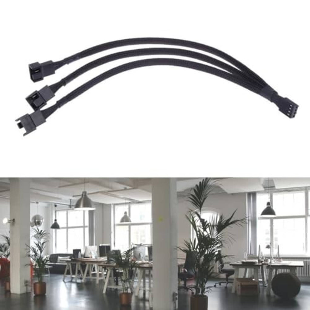Sleeved 3-way fan splitter cable, 4-pin to 3-way, three branch plugs with braided leads