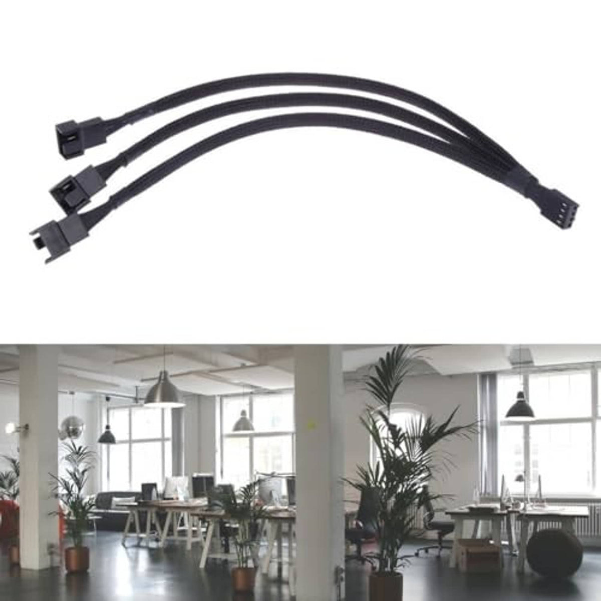 Sleeved 3-way fan splitter cable, 4-pin to 3-way, three branch plugs with braided leads