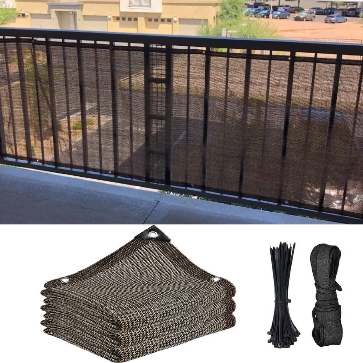 Coffee-brown woven privacy screen cloth panel on balcony railing