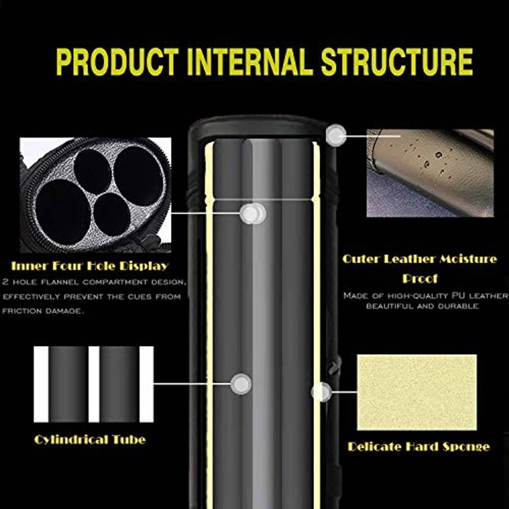Hard pool cue case interior shows cylindrical tubes for multiple cues.