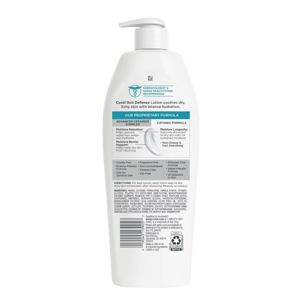Itch Defense lotion bottle back label with pump dispenser