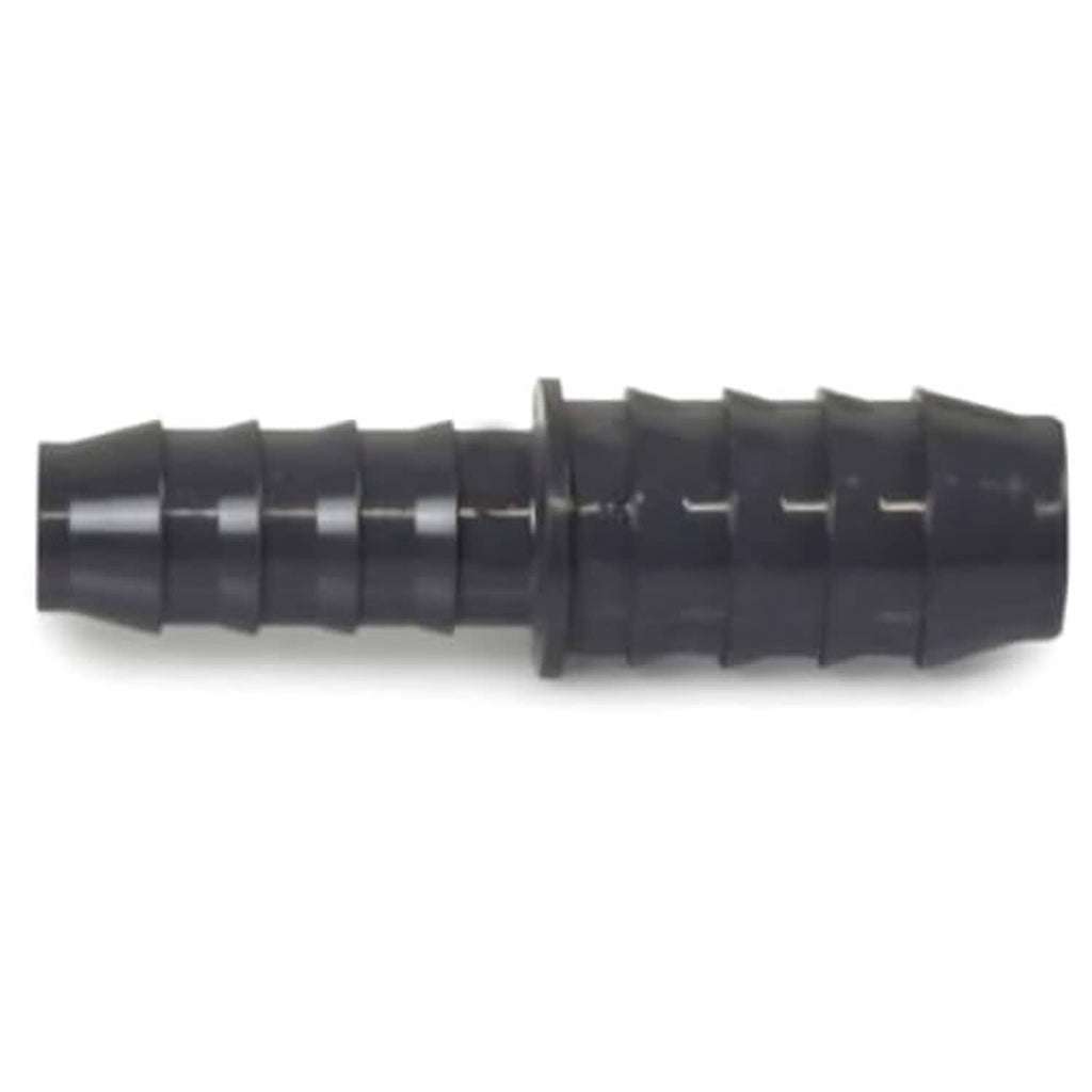 Black PVC barbed reducing coupling, side view of ribbed section