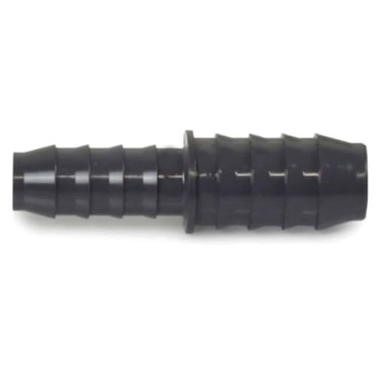 Black PVC barbed reducing coupling, side view of ribbed section