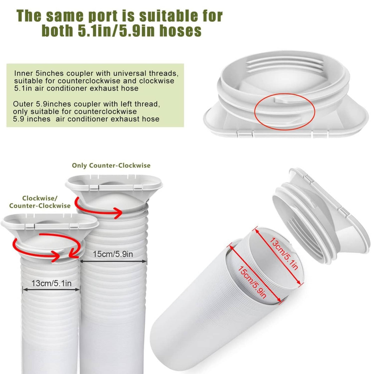 Adjustable hose adapter port for 5.1 in and 5.9 in AC exhaust hoses, white
