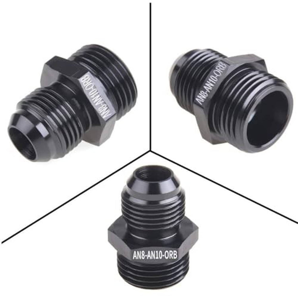 Black AN8-AN10 ORB male adapter fitting, multi-angle view with hex body