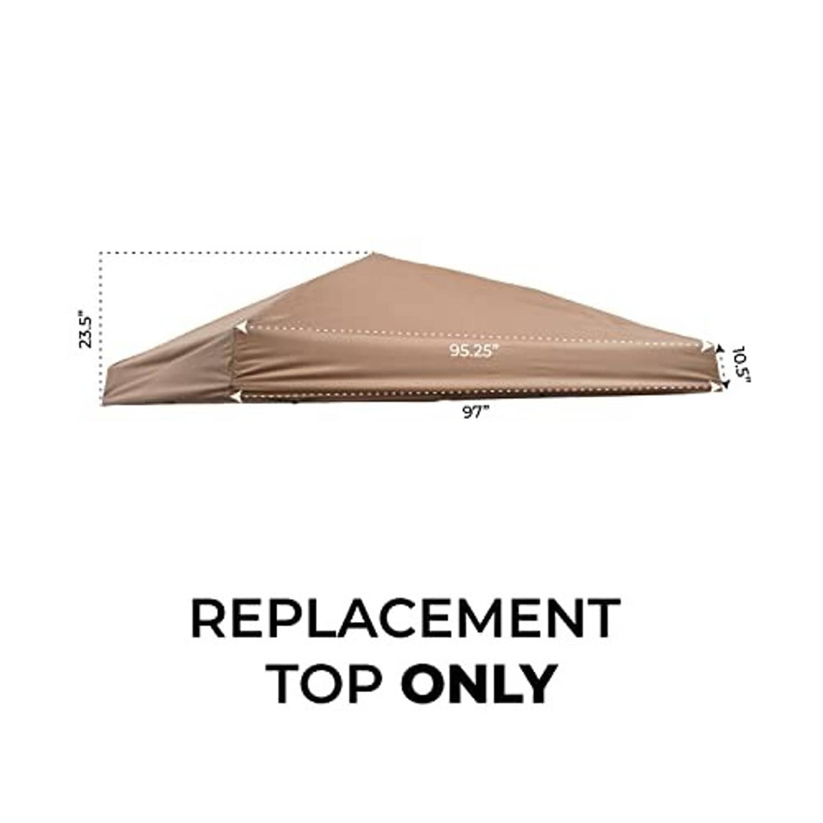Khaki replacement canopy top cover shown with side measurements and stitched seam