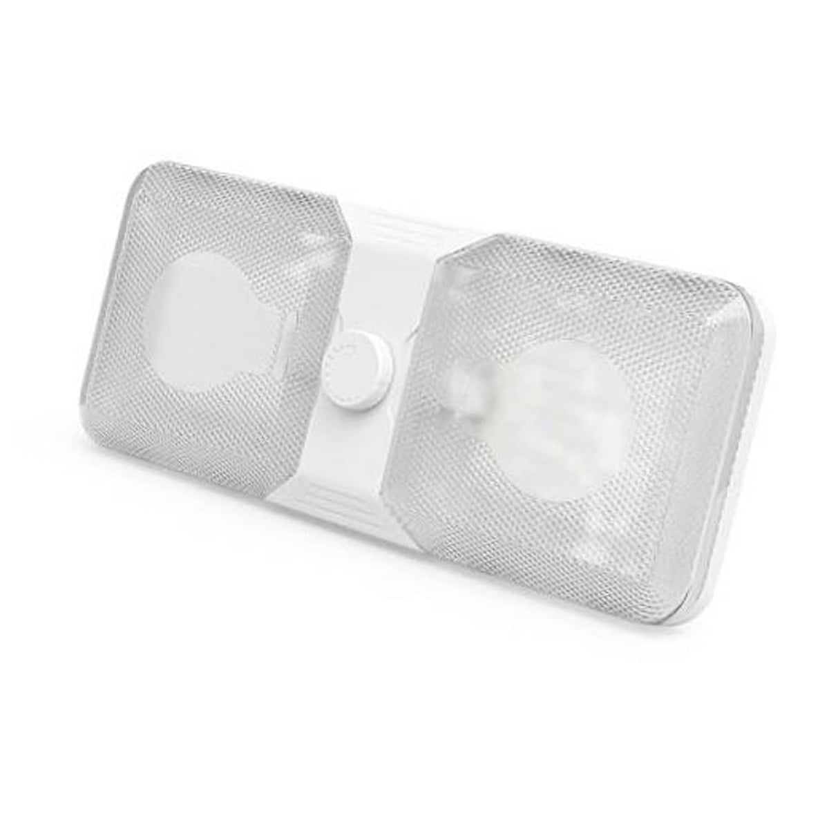 Double dome LED ceiling light fixture with two frosted lenses and central white knob dimmer