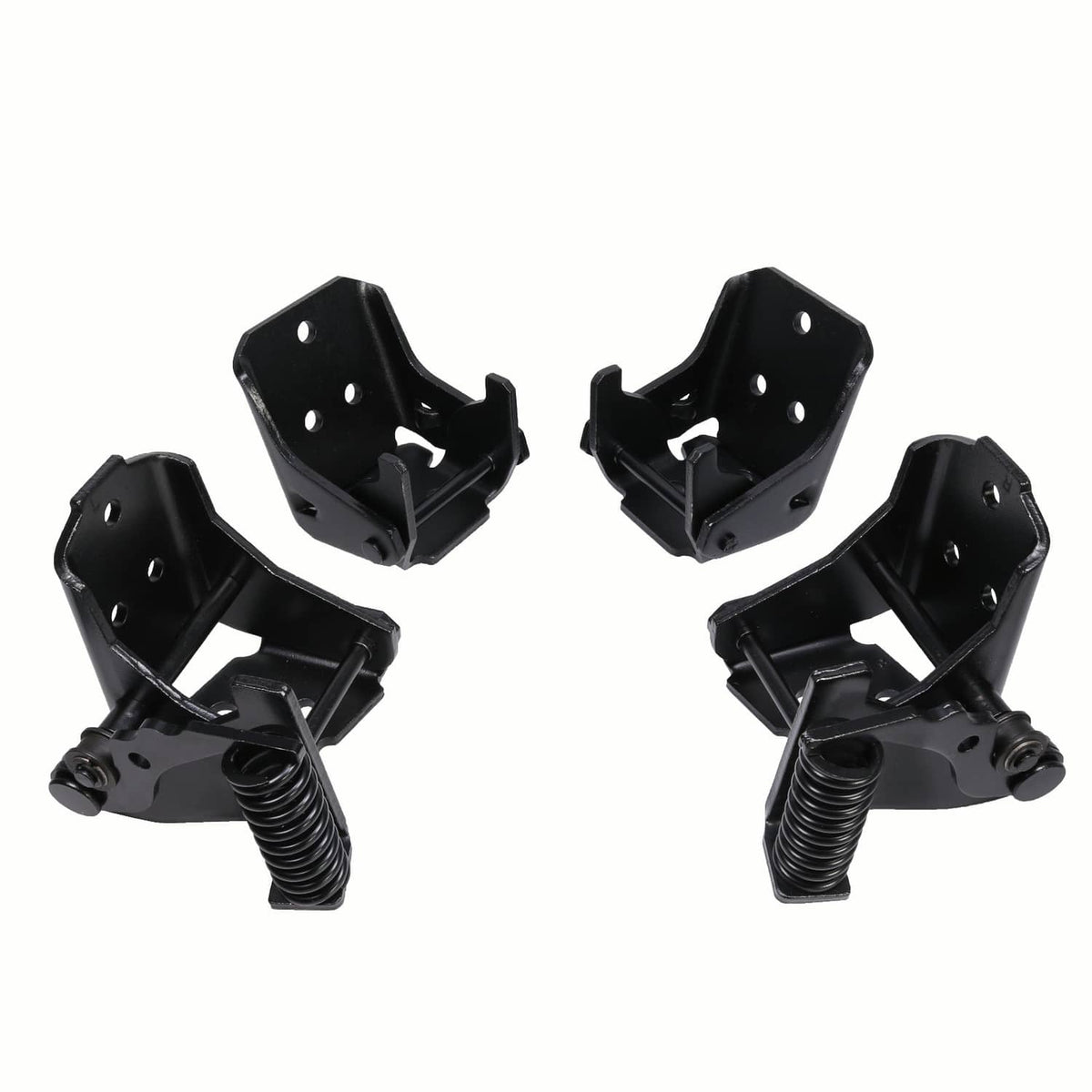 Four black door hinge assemblies with mounting holes and coil spring supports