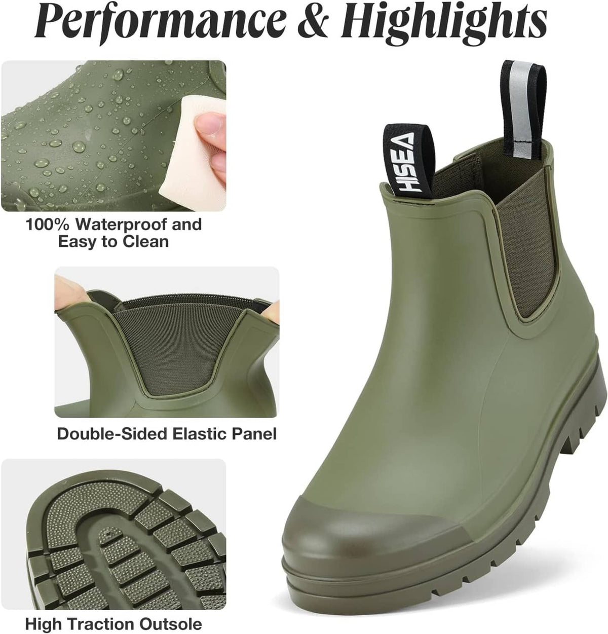 Olive green waterproof chelsea rain boot with elastic gore and high-traction outsole