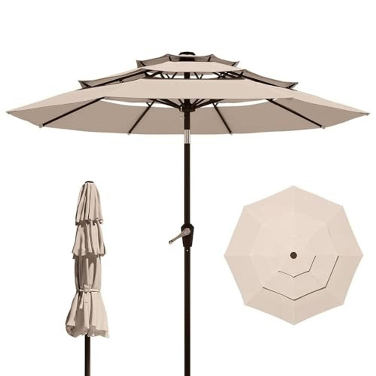 Beige 3-tier patio umbrella with push standard, open canopy and black center pole