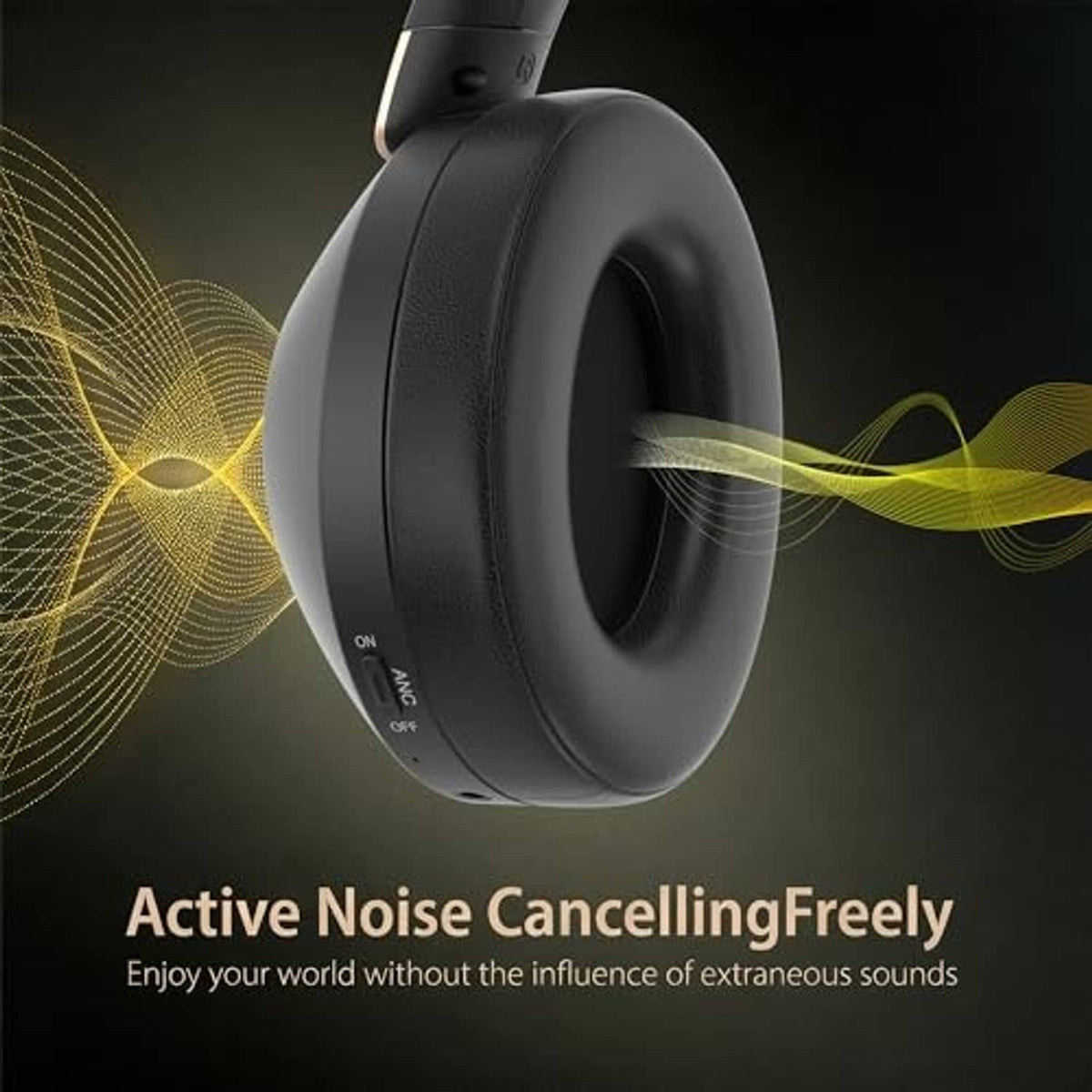 Black wireless over-ear headphones with side control area and padded ear cup