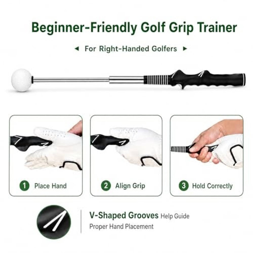 Retractable golf grip trainer with foam ball head and V-grooved handle, right-handed