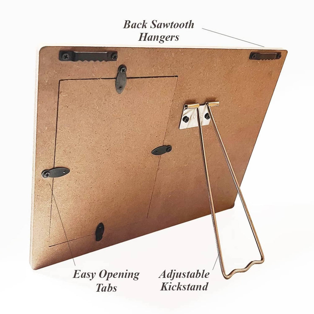 Back of wooden picture frame with sawtooth hangers and adjustable kickstand