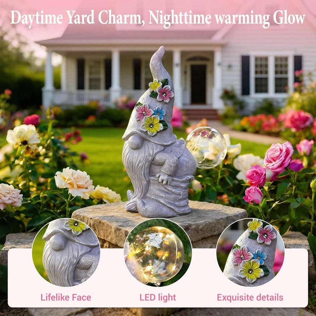 Solar garden gnome statue with flower LEDs and glowing bubble light on garden stone