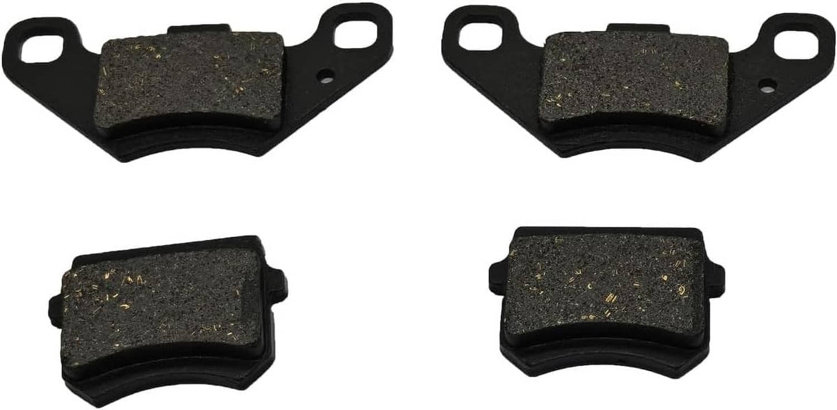 Front brake pads set showing two pad shapes and black friction surfaces with metal flecks