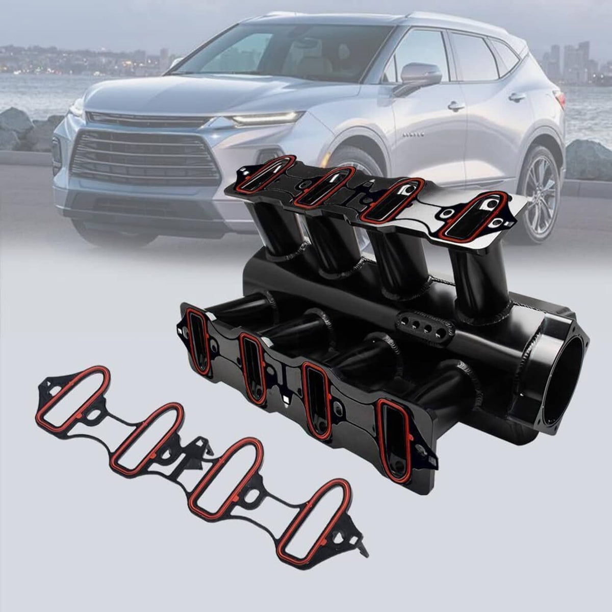 Intake manifold gasket set shown on engine intake with multiple red-edged gaskets