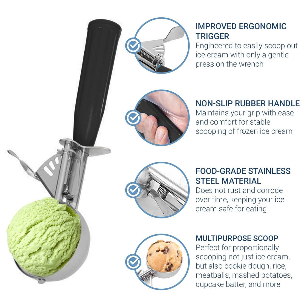Black trigger scoop with stainless steel bowl holding a green ice cream ball