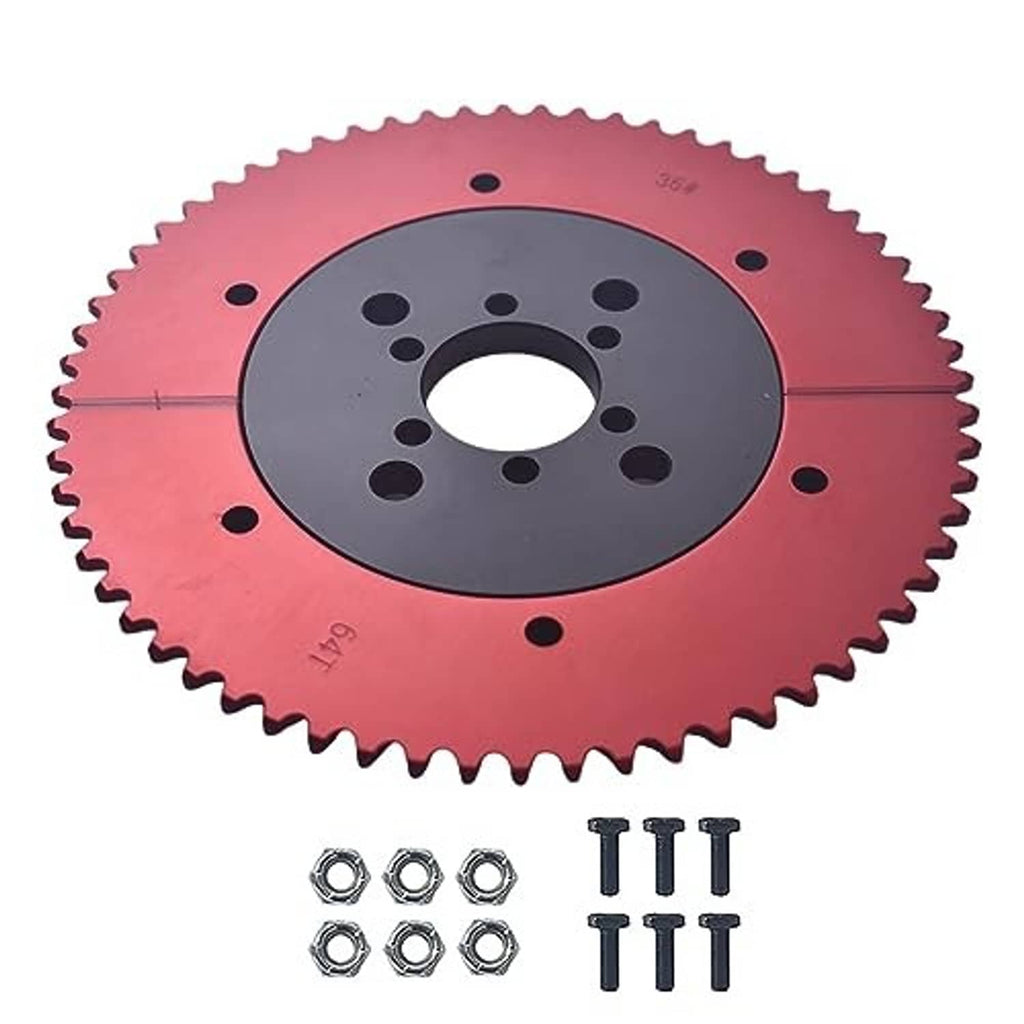 Red and black 64T sprocket wheel with mounting holes, plus screws and nuts